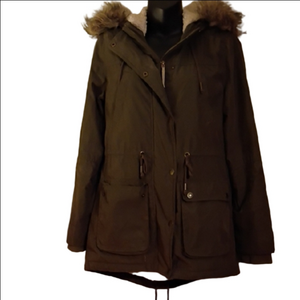 Prince & Fox Olive Utility Jacket with Faux Fur Trimmed Hood. Size Medium.